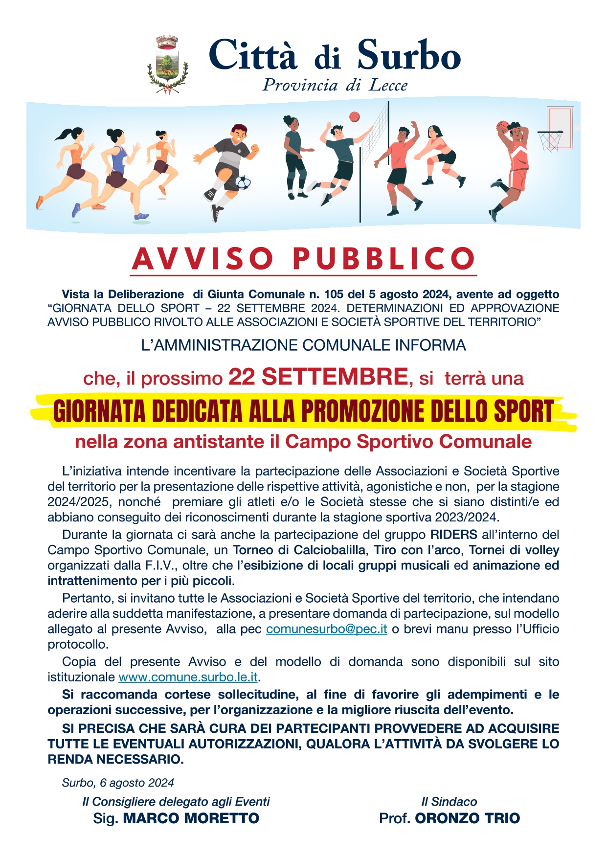 AVVISO PUBBLICO "GIORNATA DELLO SPORT 22 SETTEMBRE 2024" RIVOLTO ALLE ASSOCIAZIONI E SOCIETA' SPORTIVE DEL TERRITORIO